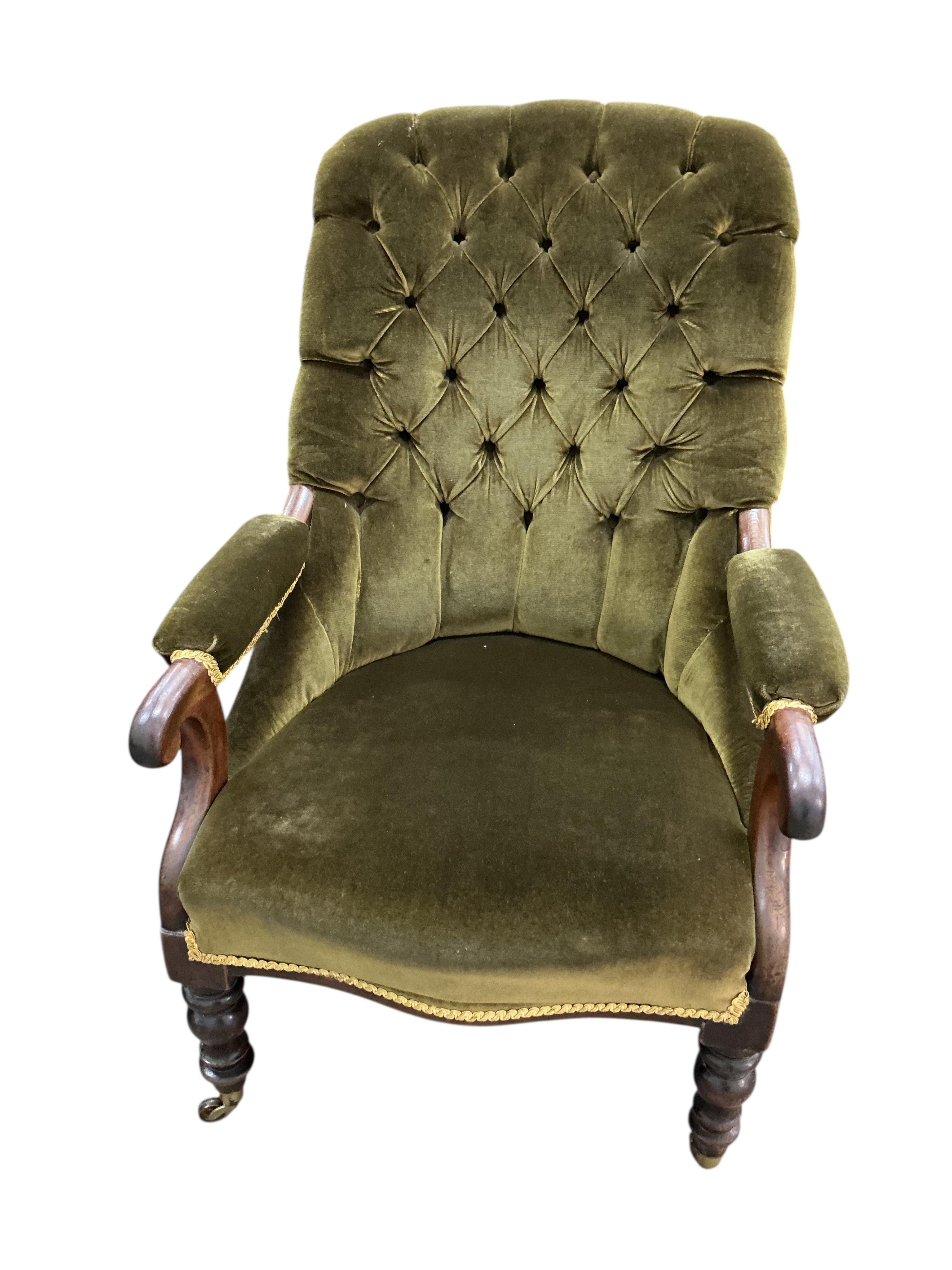 Two Victorian upholstered mahogany spoonback armchairs, larger width 76cm, depth 66cm, height 104cm together with a Victorian rosewood cabriole leg stool